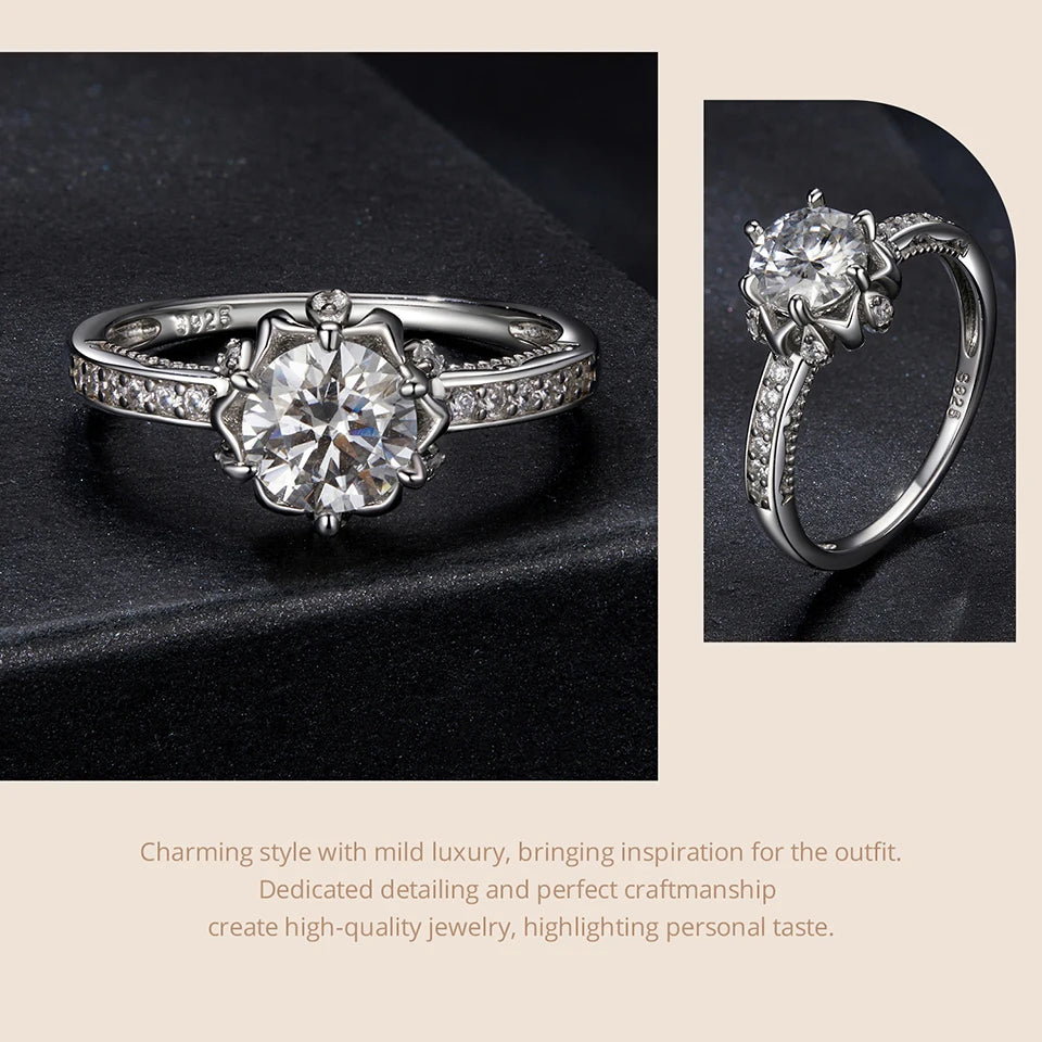 1 Carat Moissanite Flower Ring – D Color VVS1 Round Solitaire on 925 Sterling Silver Plant-Inspired Engagement Band for Women