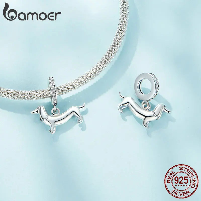 Sterling Silver Dog Charm Bead – Poodle & Dachshund Pendant for Charm Bracelets, DIY Jewelry for Women