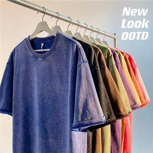 Vintage Heavyweight Oversized T-Shirt – Washed Solid Color Retro Tee for Men and Women, Summer Streetwear Style
