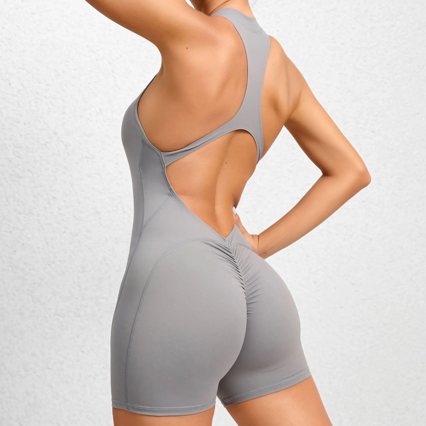 V-Back Scrunch Sports Jumpsuit for Women – Sleeveless Zipper One-Piece Gym Romper for Yoga & Fitness