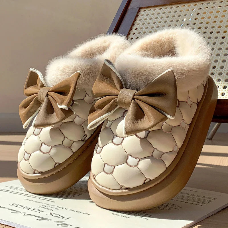 Women's Platform Snow Booties – Cute Bowknot Indoor Winter Slippers with Plush Lining and Flat Sole