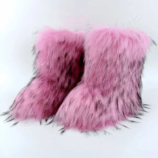 Women's Faux Fur Winter Snow Boots – Mid-Calf Plush Furry Slip-On Boots with Warm Lining and Rubber Sole