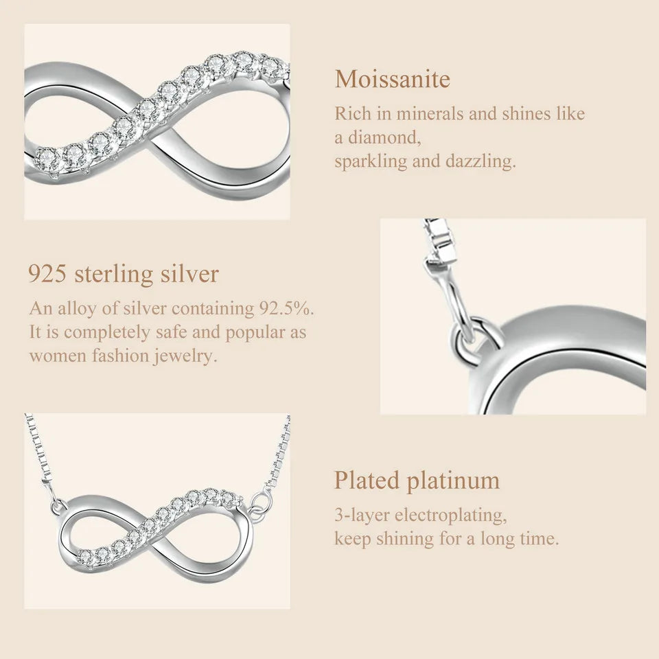 Sterling Silver Infinite Love Moissanite Pendant Necklace – Box Chain 40+5cm for Women, Anniversary Jewelry Gift