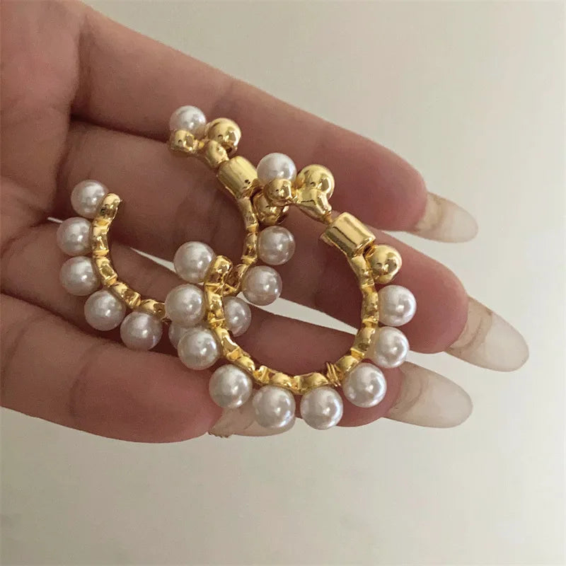 C-Shape Metal Pearl Stud Earrings – Fashionable Irregular Design for Women and Girls