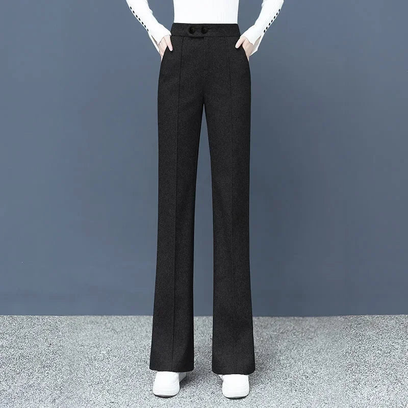 Thick Wool Blend High-Waist Wide Leg Pants for Women – Korean Style Winter Loose Fit Trousers