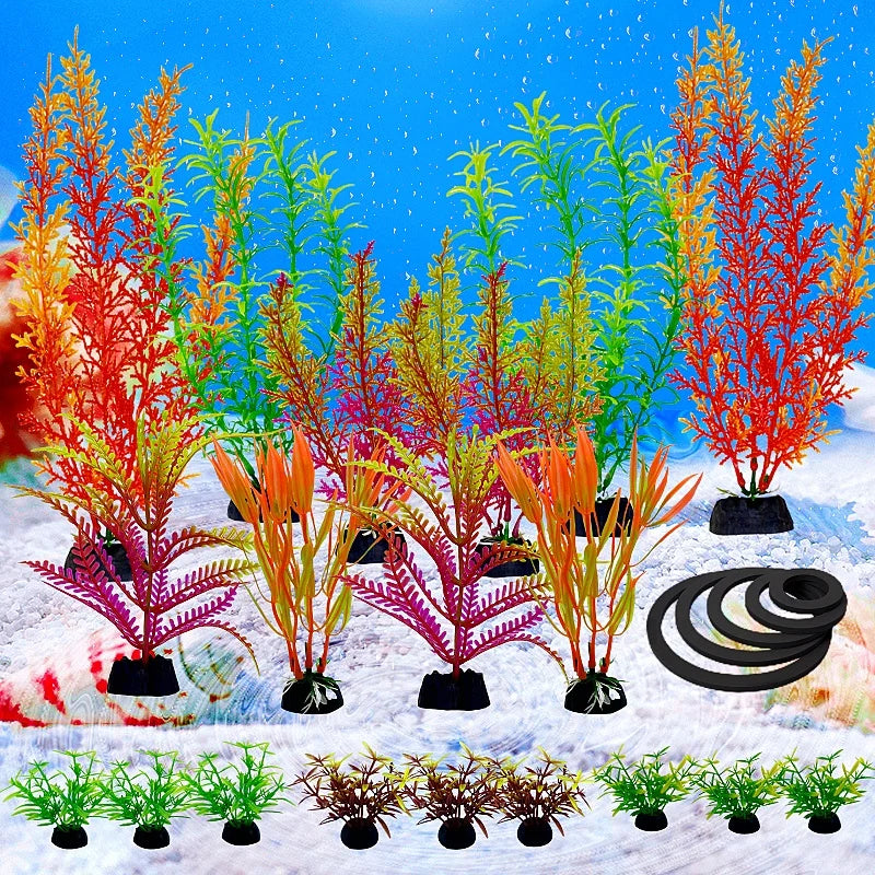 24-Piece Artificial Aquarium Plants Set – Decorative Water Weeds and Grass Blocking Rings for Fish Tank Aquascaping