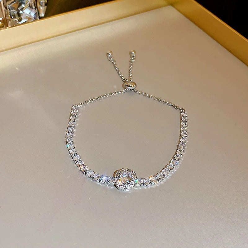 18K Gold Plated Adjustable Bracelet for Women – Rhinestone Heart Link with Square Zircon Charm