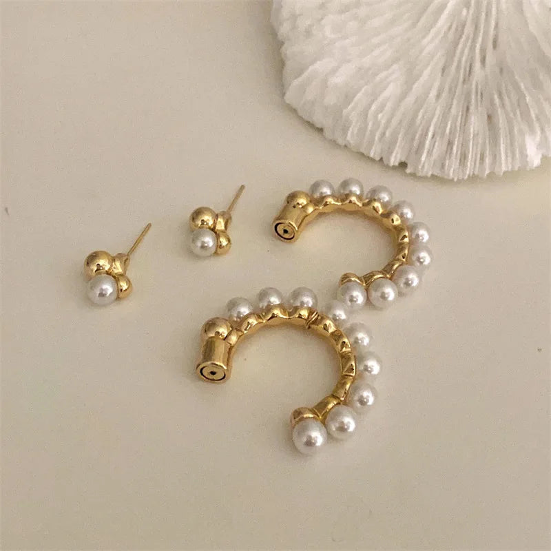C-Shape Metal Pearl Stud Earrings – Fashionable Irregular Design for Women and Girls