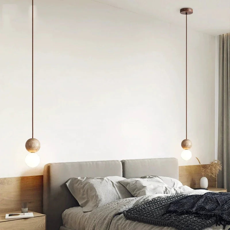 Stone Cream LED Pendant Light – Retro Round Ball Hanging Chandelier for Bedroom, Bedside, Bar, or Dining Table – Modern Long-Line Luminaire