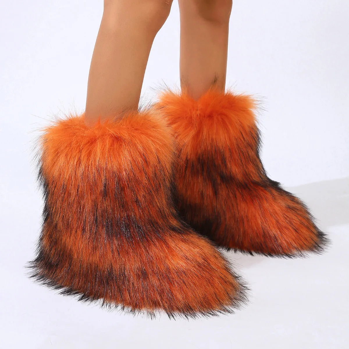 Women's Faux Fur Winter Snow Boots – Mid-Calf Plush Furry Slip-On Boots with Warm Lining and Rubber Sole