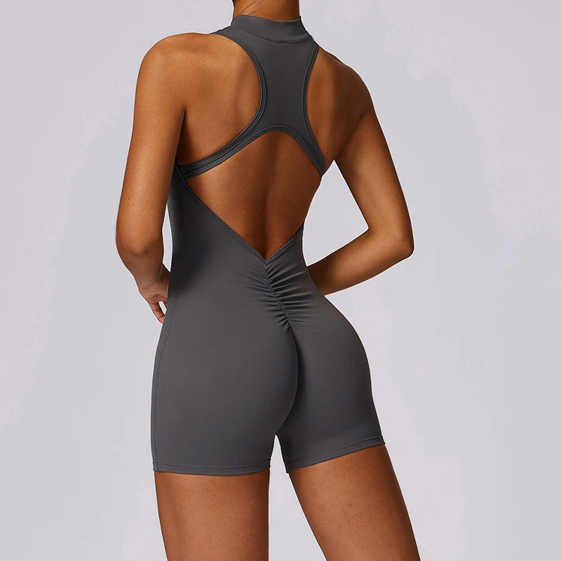 V-Back Scrunch Sports Jumpsuit for Women – Sleeveless Zipper One-Piece Gym Romper for Yoga & Fitness