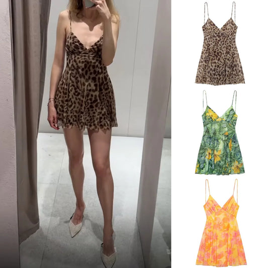Women's Printed Silk Mesh Halter Dress – Sexy V-Neck Mini Vacation Dress