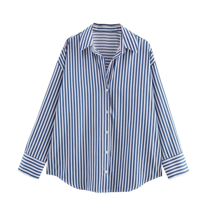 Women's Striped Poplin Button-Down Shirt – Loose Fit, Long Sleeve, Casual Lapel Top