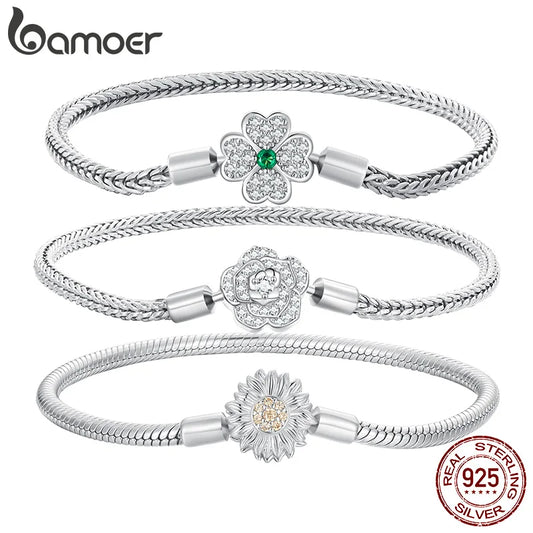 925 Sterling Silver Rose Buckle Snake Chain Bracelet with Zircon – DIY Charm Bracelet for Women