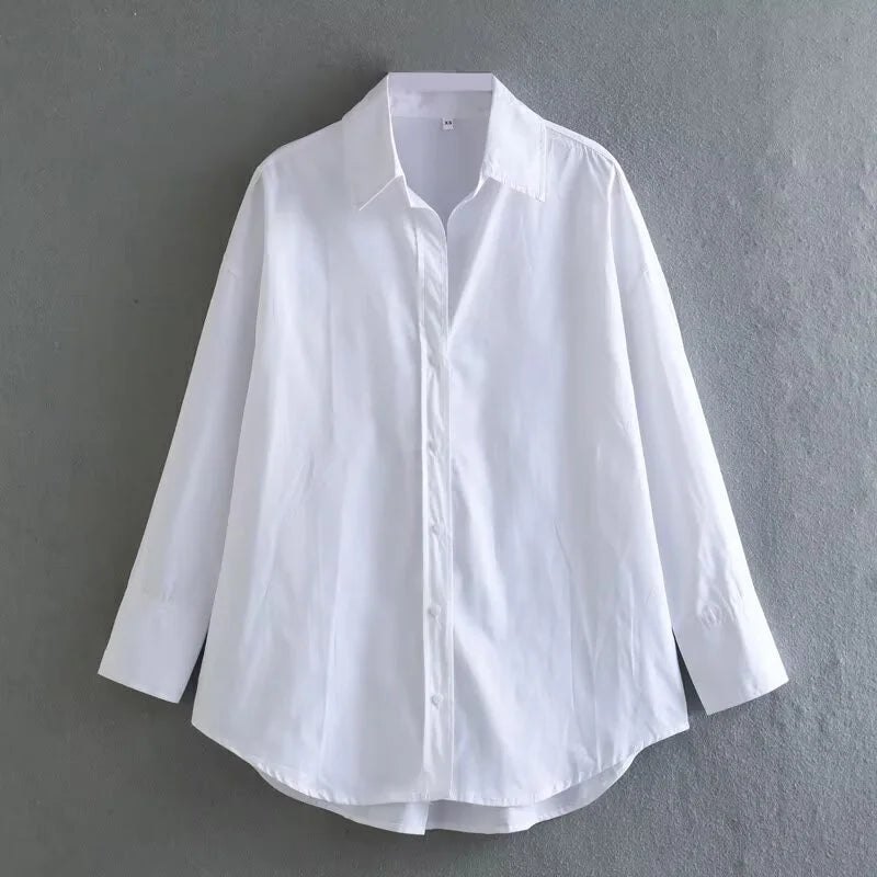 Women's Striped Poplin Button-Down Shirt – Loose Fit, Long Sleeve, Casual Lapel Top