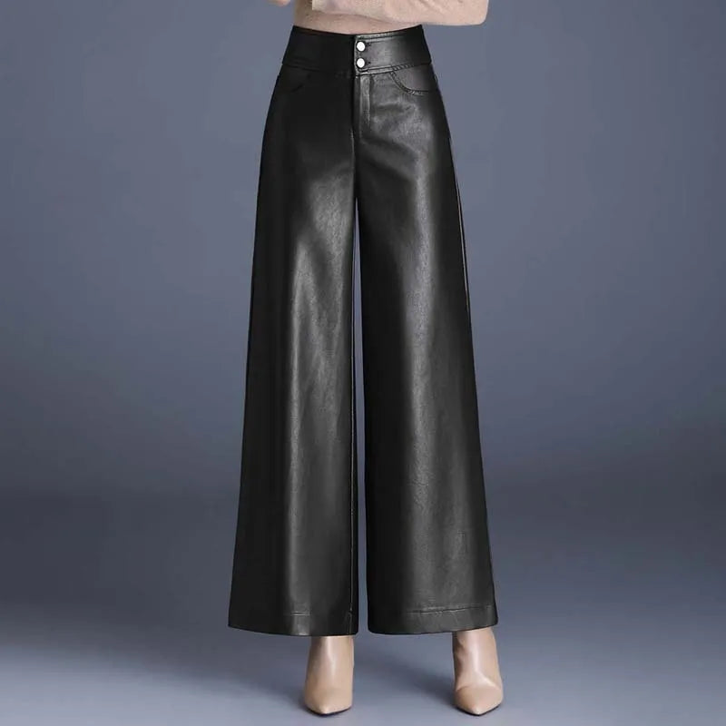 Women’s High Waist Wide Leg Faux Leather Pants – Elegant PU Leather Trousers for Autumn & Winter Casual Fashion