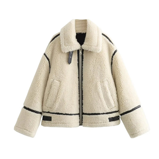 Women's Faux Fur Motorcycle Jacket – European Style Zip Coat with Fur Detailing