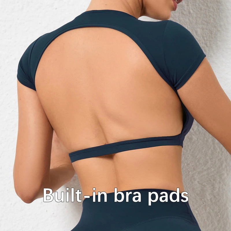 Backless Breathable Workout Crop Top – Short Sleeve Sports Shirt for Women