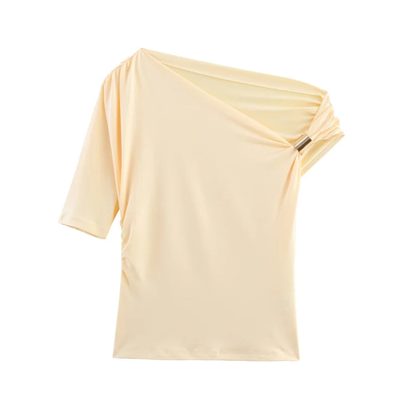 Women's Elegant Asymmetric Off-Shoulder Slim T-Shirt – Sexy Short Sleeve Casual Top for Summer Night Out