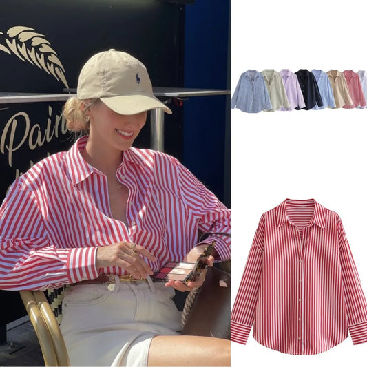 Women's Striped Poplin Button-Down Shirt – Loose Fit, Long Sleeve, Casual Lapel Top