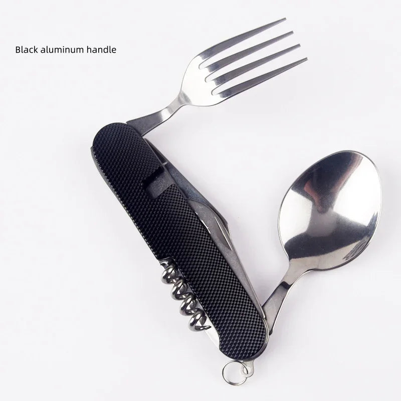 6-in-1 Foldable Camping Utensil Set – Stainless Steel Knife, Fork & Spoon Combo with Bottle Opener for Outdoor, Travel, and Picnic Use