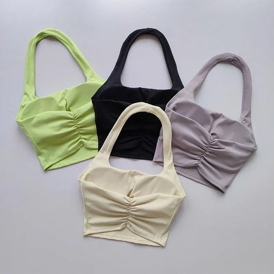 Women's Pleated Halter Sports Bra – Padded, Backless, Stylish Summer Activewear