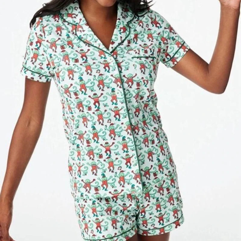 Women's Kawaii Cartoon Print Pajama Set – Y2K Short Sleeve Button-Up Shirt and Shorts Sleepwear for Summer Loungewear