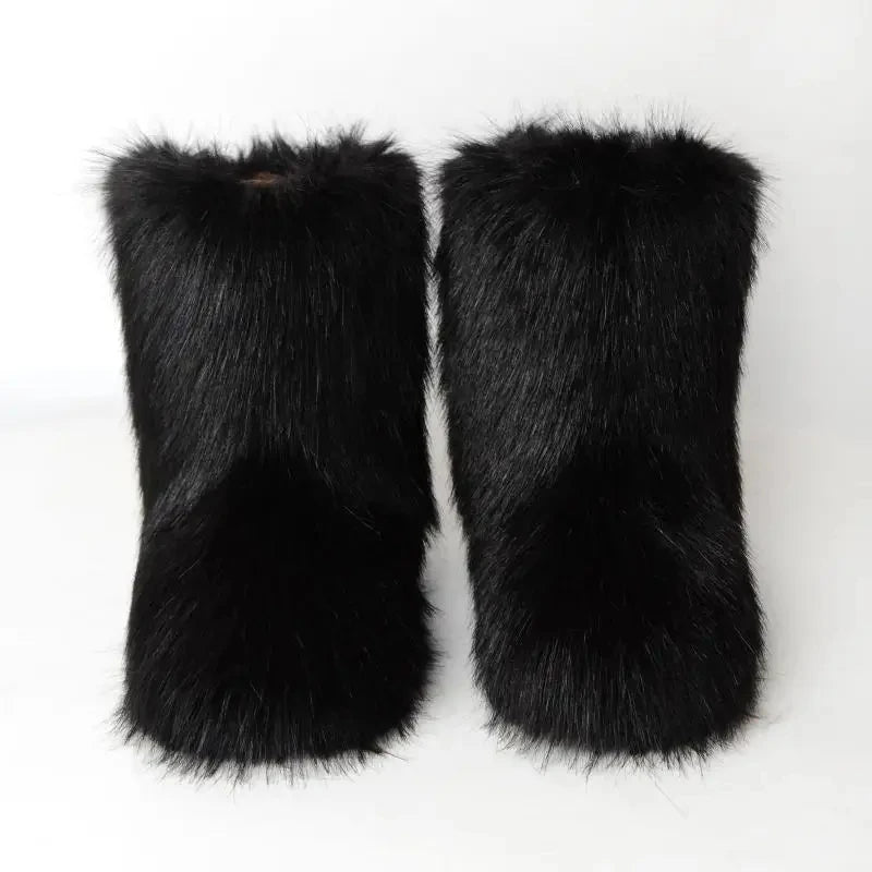 Women's Faux Fur Winter Snow Boots – Mid-Calf Plush Furry Slip-On Boots with Warm Lining and Rubber Sole