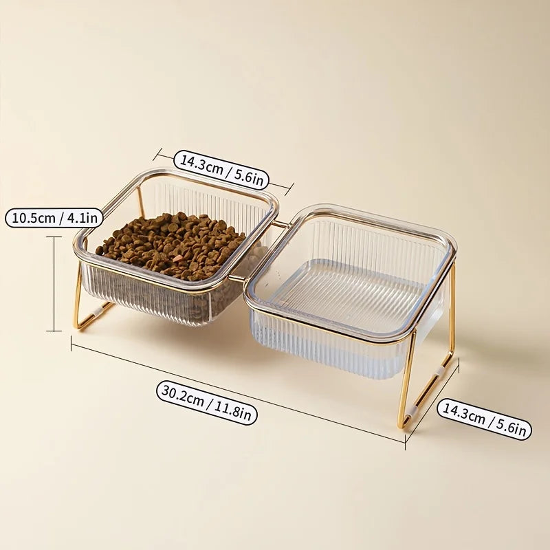 Transparent Double Cat Bowl with Tilted Stand – Anti-Slip Raised Pet Feeder for Food and Water