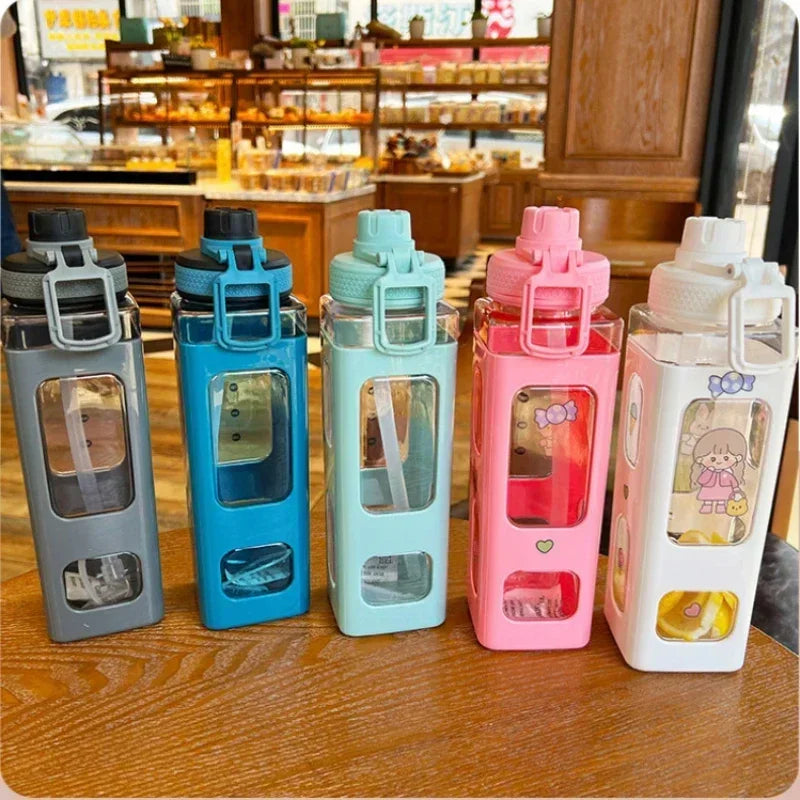 700ml/900ml Kawaii Pastel Straw Water Bottle – Cute Plastic Travel Cup for Juice, Tea, or Milk with Lid and Handle