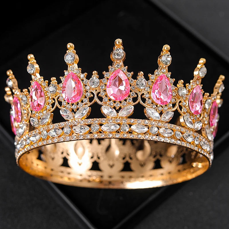 Baroque Round Rhinestone Wedding Crown – Vintage Crystal Tiara Headpiece for Bridal, Queen, or Pageant Looks