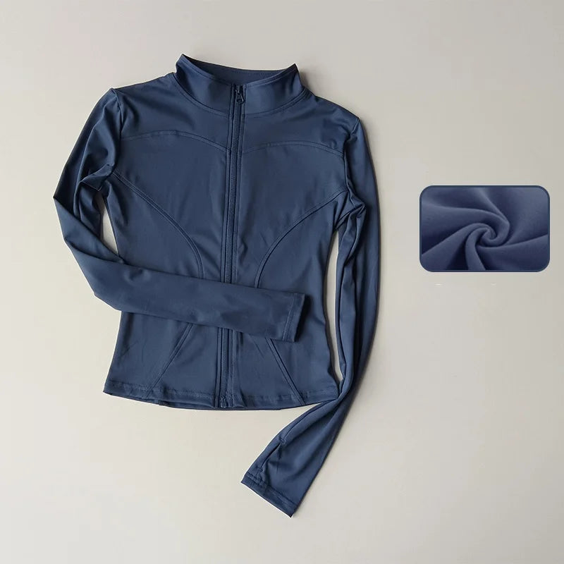 Women's Quick-Dry Zip-Up Slim Fit Yoga Jacket – Long Sleeve Stand Collar Outdoor Fitness Top