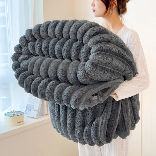 Solid Color Thickened Striped Blanket – Multifunctional Polyester Cover for Bed, Sofa, Naps, and Pets