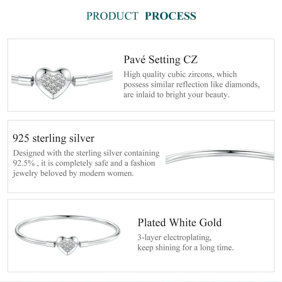 Sterling Silver Charm Bangle with Heart or Shell Design – Classic 925 Basic Bracelet for Women DIY Jewelry