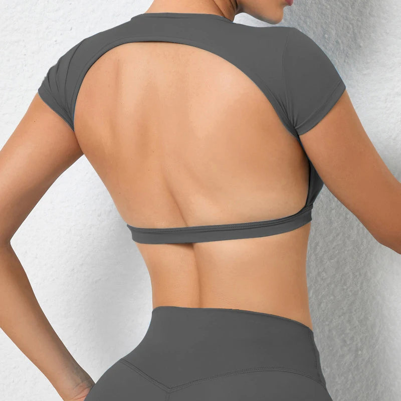 Backless Breathable Workout Crop Top – Short Sleeve Sports Shirt for Women