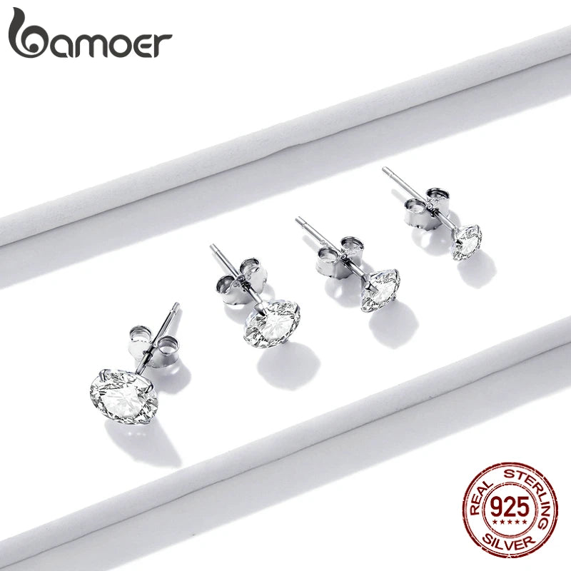 Sterling Silver CZ Stud Earrings – Round Platinum-Plated Hypoallergenic Zirconia in Multiple Sizes (4mm–7mm)