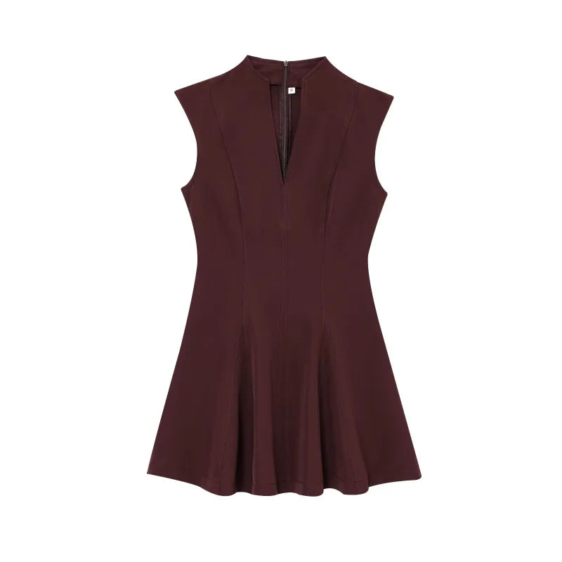 Women's Sleeveless V-Neck Mini Dress – Classic Black Crepe A-Line Party Dress