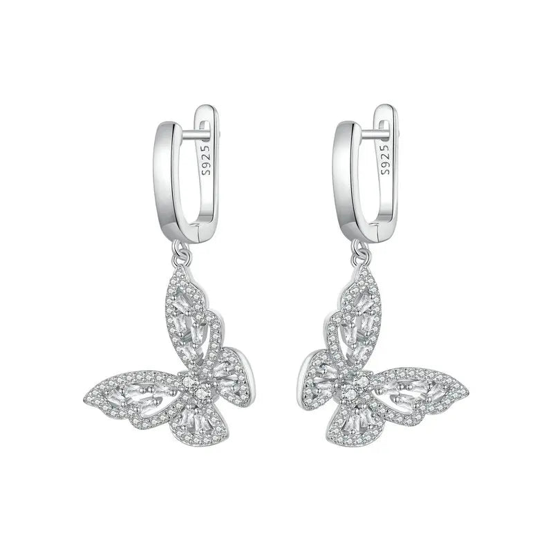 Sterling Silver CZ Butterfly Hoop Earrings – Elegant Dangle Charm Drop Earrings for Women and Girls