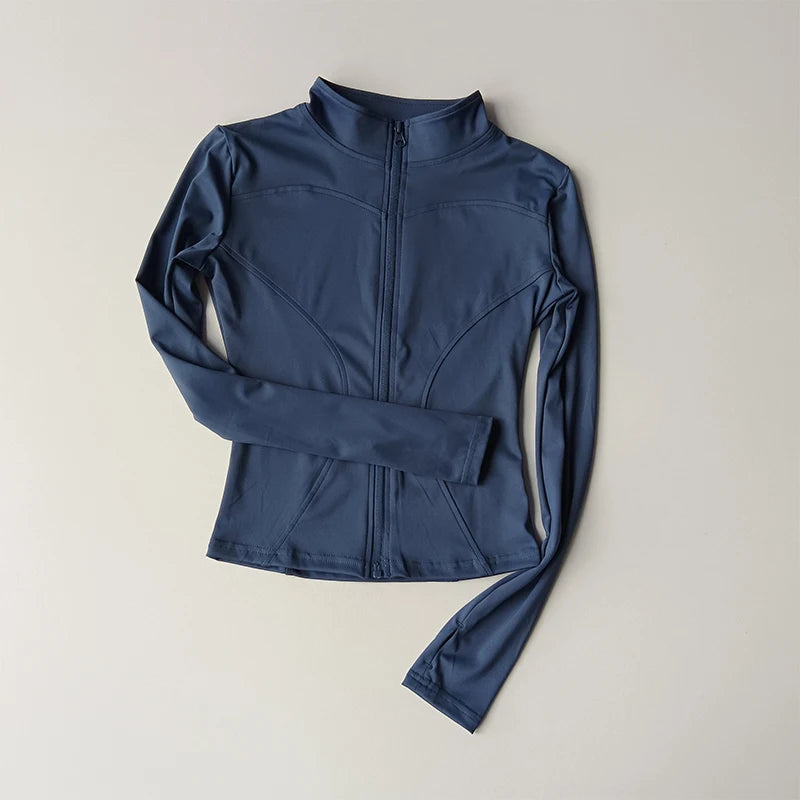 Women's Quick-Dry Zip-Up Slim Fit Yoga Jacket – Long Sleeve Stand Collar Outdoor Fitness Top