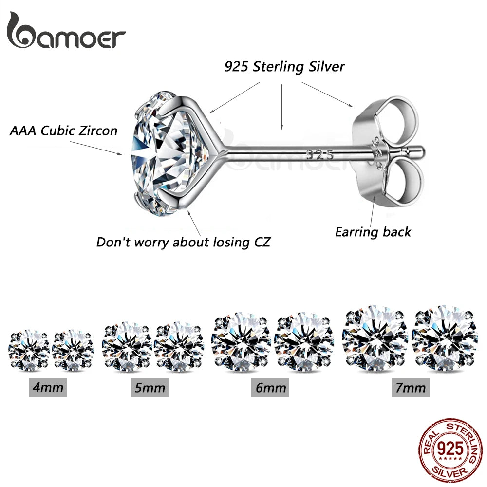 Sterling Silver CZ Stud Earrings – Round Platinum-Plated Hypoallergenic Zirconia in Multiple Sizes (4mm–7mm)