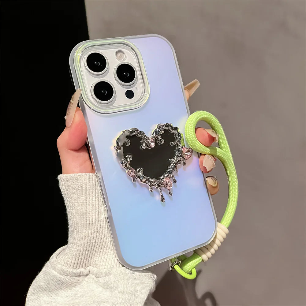 Aurora Love Heart Mirror Case with Wrist Strap for iPhone 16/15/14/13 Pro Max – Laser Gradient Lanyard Makeup Cover