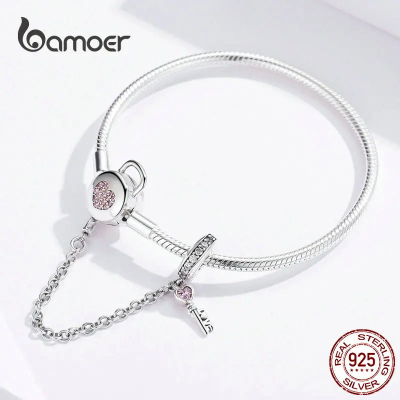 Sterling Silver Snake Chain Charm Bracelet – Pink Heart Lock & Key Design with Zircon Accents for Women