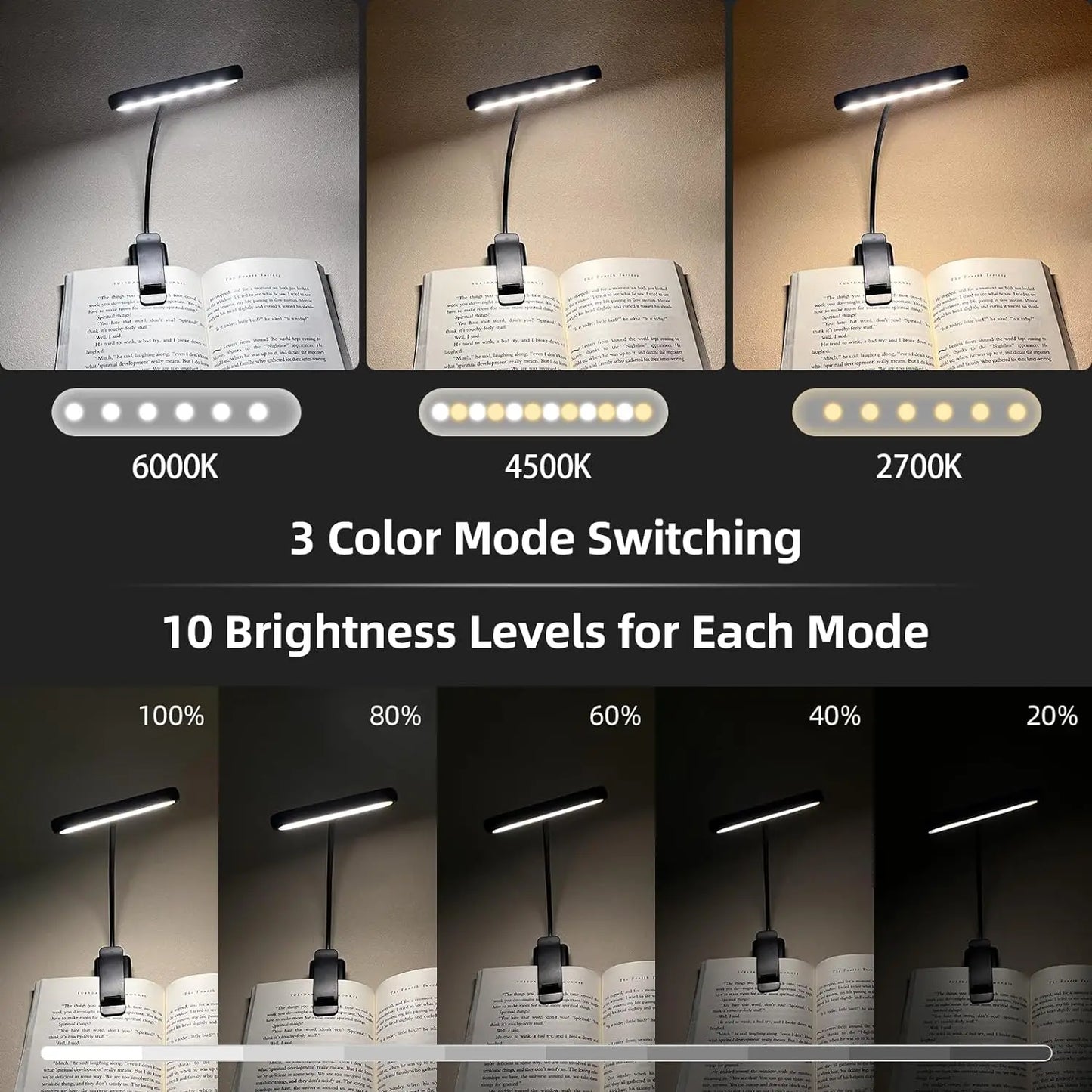 14-LED USB Rechargeable Book Light – Warm, Cool, Daylight Modes – Flexible Clip-On Reading Lamp for Bed, Travel, or Study