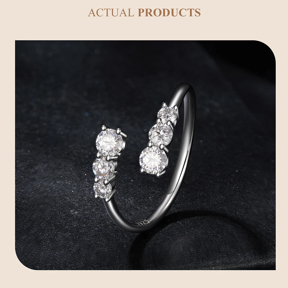 Adjustable Moissanite Open Ring – White Gold Plated 925 Sterling Silver with D Color VVS1 Stone for Women