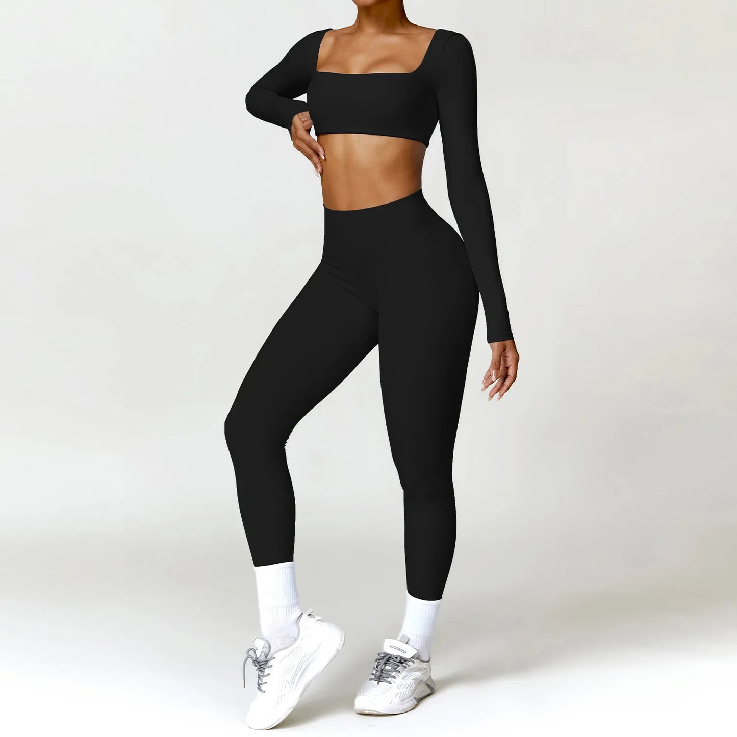 2PCS Quick-Dry Yoga Workout Set – Long Sleeve Top & High Waist Leggings for Women