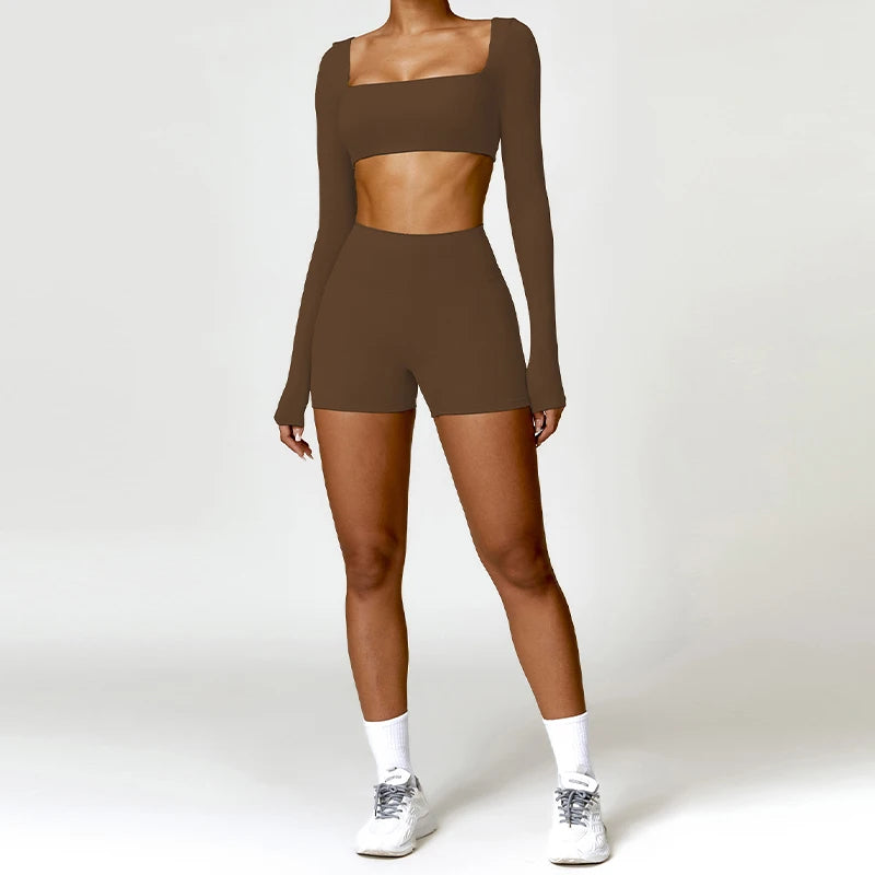 2PCS Quick-Dry Yoga Workout Set – Long Sleeve Top & High Waist Leggings for Women