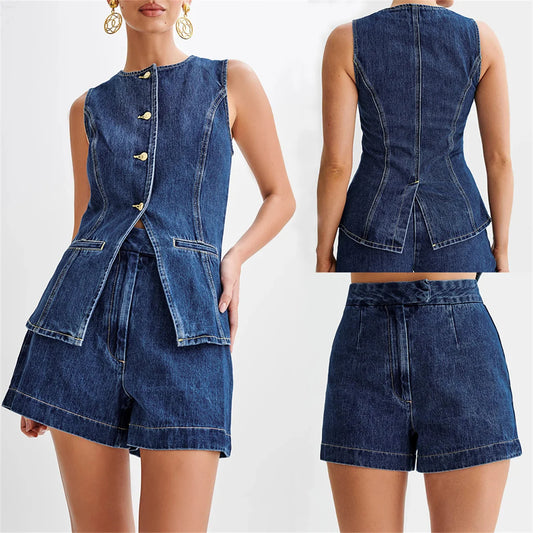 Women's Summer Denim 2-Piece Set – Sleeveless Button-Up Vest Top and High Waist Wide Leg Shorts for Casual or Office Wear