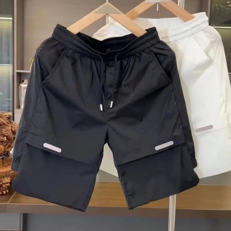 Summer Men's Ice Silk Two-Piece Set – Breathable Perforated Short Sleeve Top and Quick-Dry Shorts for Sports and Leisure