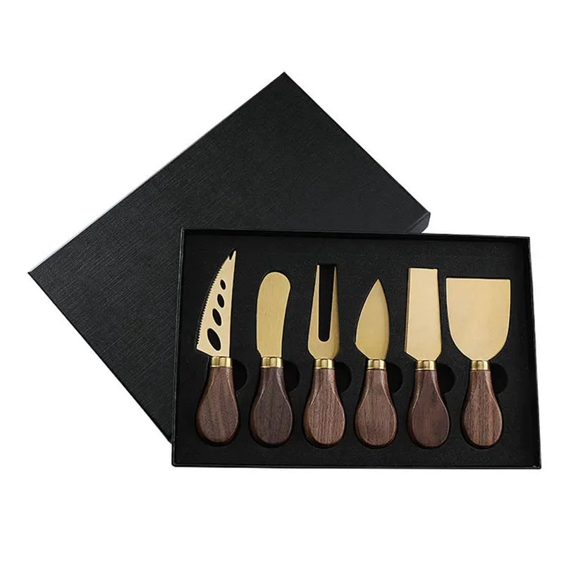 6/4pcs Stainless Steel Cheese Knives Set with Walnut Handle – Fork, Spreader, and Slicer with Gift Box