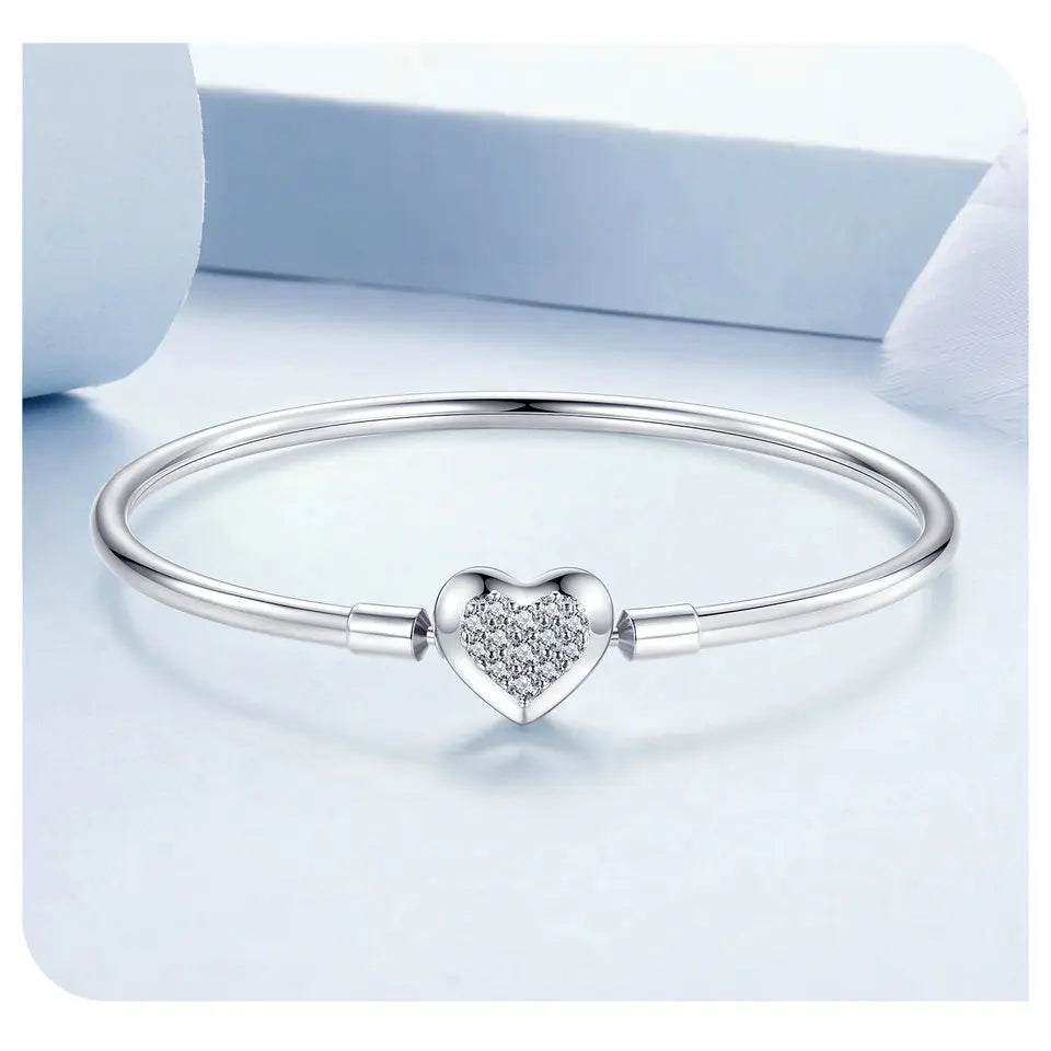 Sterling Silver Charm Bangle with Heart or Shell Design – Classic 925 Basic Bracelet for Women DIY Jewelry
